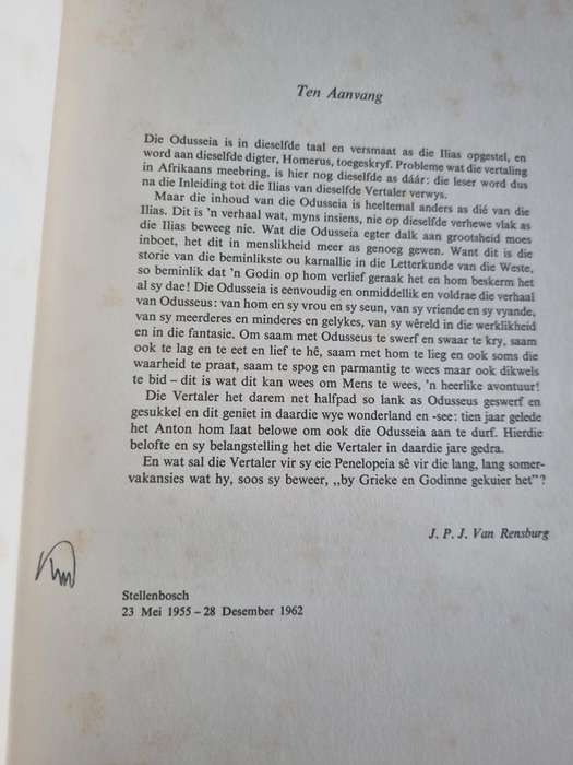 HOMERUS DIE ODUSSEIA  uit die oospronklike Grieks vetaal deur J P J VAN RENSBURG 1963