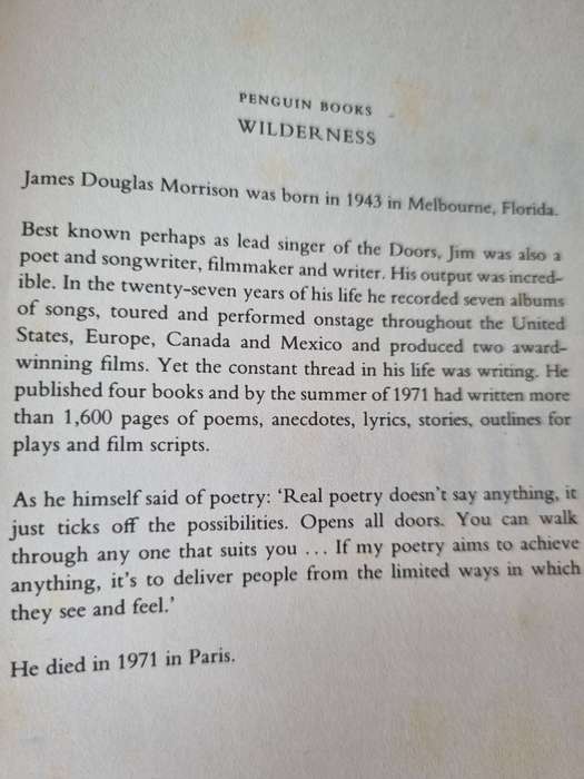 JIM MORRISON WILDERNESS The Lost Writings ( Prolific Song Writer , Lead Singer - Doors & Poet Music