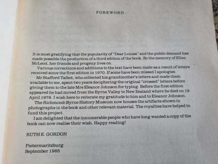 DEAR LOUISA History of a Pioneer Family in Byne Valley NATAL 1850 -1888 By & Signed Dr RUTH E GORDON