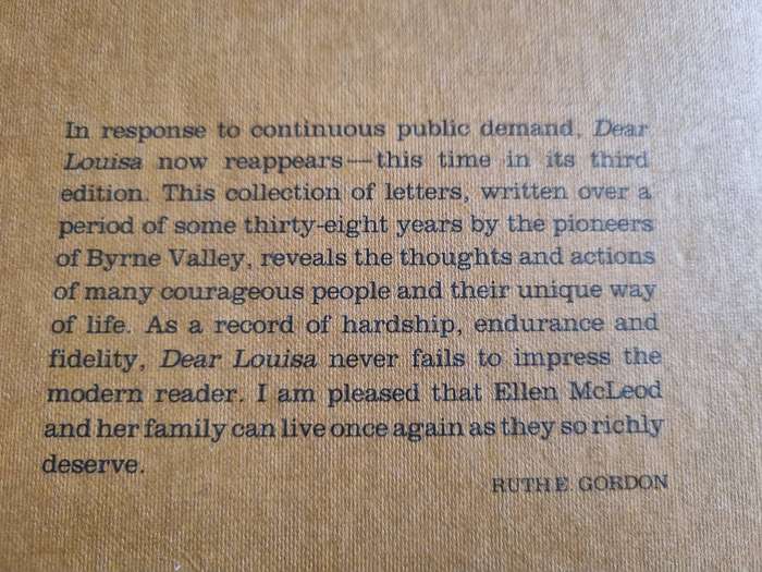 DEAR LOUISA History of a Pioneer Family in Byne Valley NATAL 1850 -1888 By & Signed Dr RUTH E GORDON