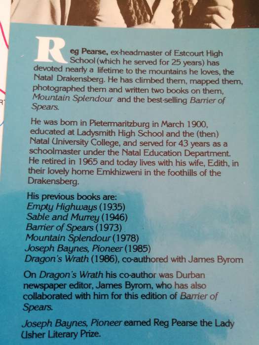 BARRIER OF SPEARS Drama of the Drakensberg R O PEARSE New Edition with JAMES BYROM ( Mountains )