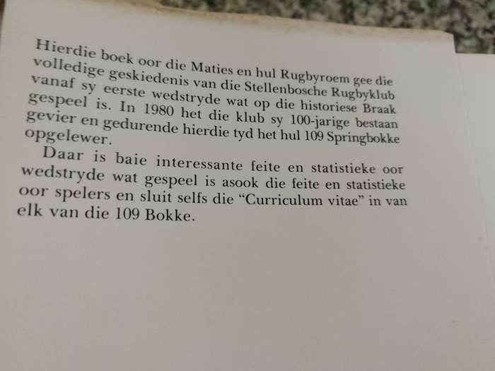 DIE GROOT RUGBYGESIN VAN DIE MATIES deur Dr D H CRAVEN  1980 Stellenbosch Rugbyvoetbalklub RUGBY