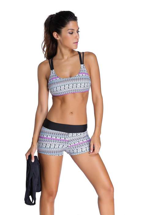 Grayish Sports Bra Tankini Swimsuit with Black Vest - Size : Medium