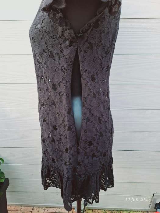 SASH see through black lace mini dress with side zip - S