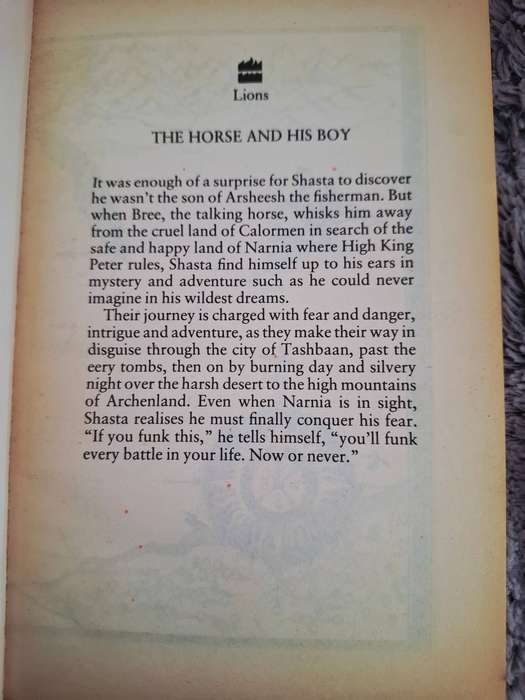 Softcover novel: The Horse and his boy by C.S. Lewis. The chronicles of Narnia
