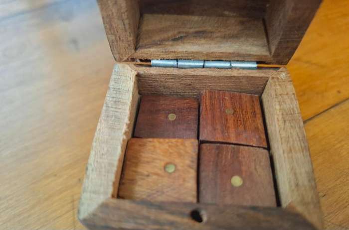 Vintage Wood and Brass Dice Box including 4 x wood dice
