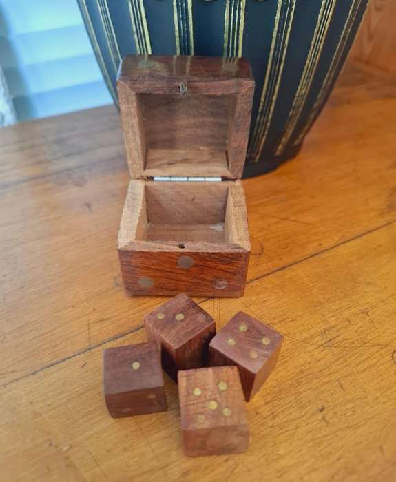 Vintage Wood and Brass Dice Box including 4 x wood dice