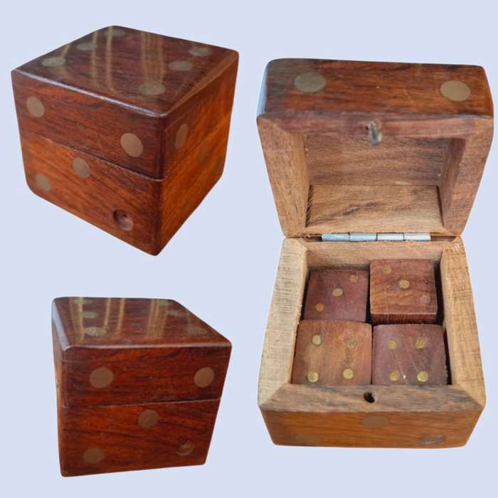 Vintage Wood and Brass Dice Box including 4 x wood dice