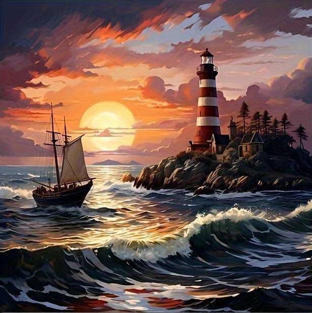Diamond Painting Kit - Serene Lighthouse and Sailboat Sunset Scene, small