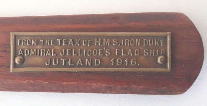 WW1 Teak Wood Letter Opener from Admiral Jellicoe's Flag Ship HMS Iron Duke 1916 Battle of Jutland