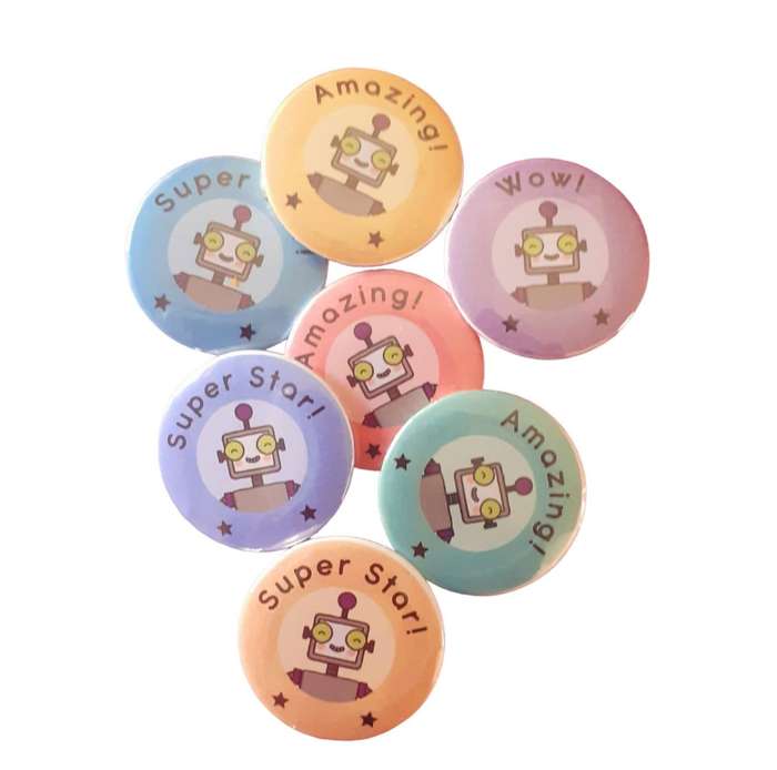Reward Badge Pins Robot Theme 16 Piece 32mm