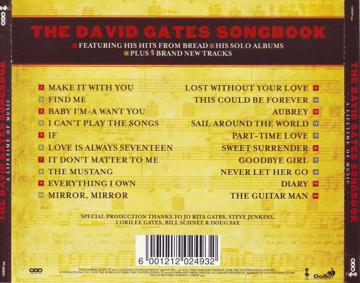 DAVID GATES - The David Gates Songbook (A Lifetime Of Music) (CD) CDESP 149 VG+