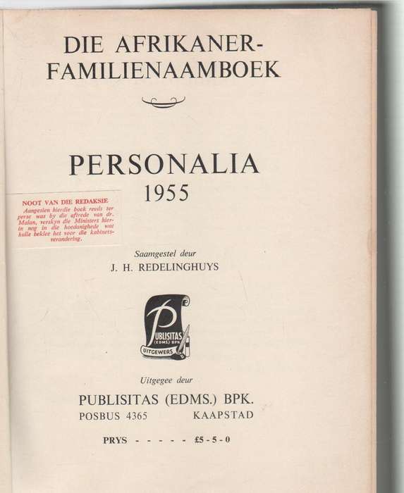 DIE AFRIKANER FAMILIENAAMBOEK EN PERSONALIA 1955 - J H REDELINGHUYS