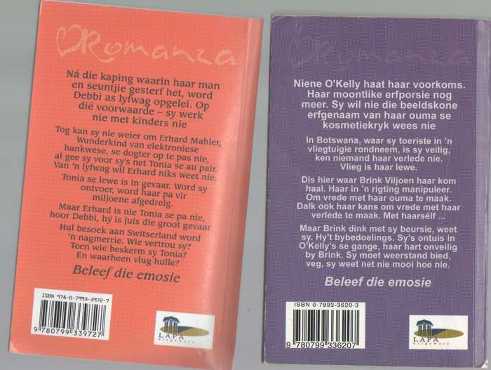 DRIE ROMANZA BOEKE, VERSKEIE TITELS DEUR RYKIE ROUX, BETS SMITH & SCHALKIE VAN WYK
