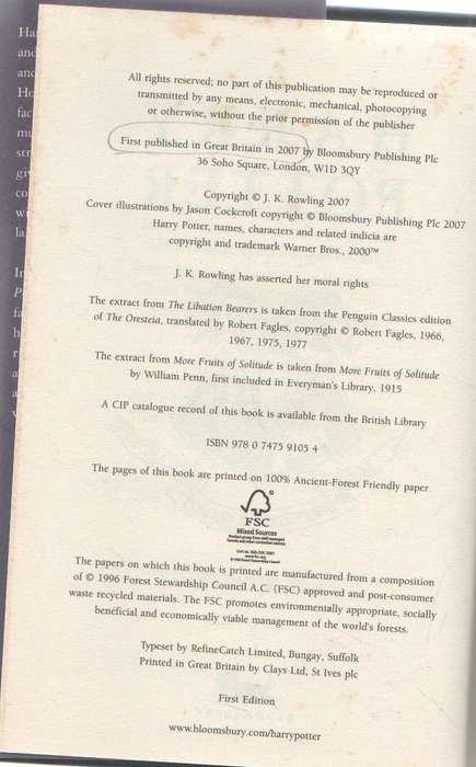 HARRY POTTER AND THE DEATHLY HALLOWS - J K ROWLING (1 ST PUBLISHED 2007)