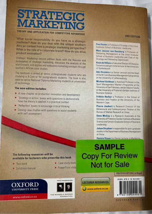 Strategic Marketing Theory  and Application for Competitive Advantage  by Venter Jansen van Rensburg