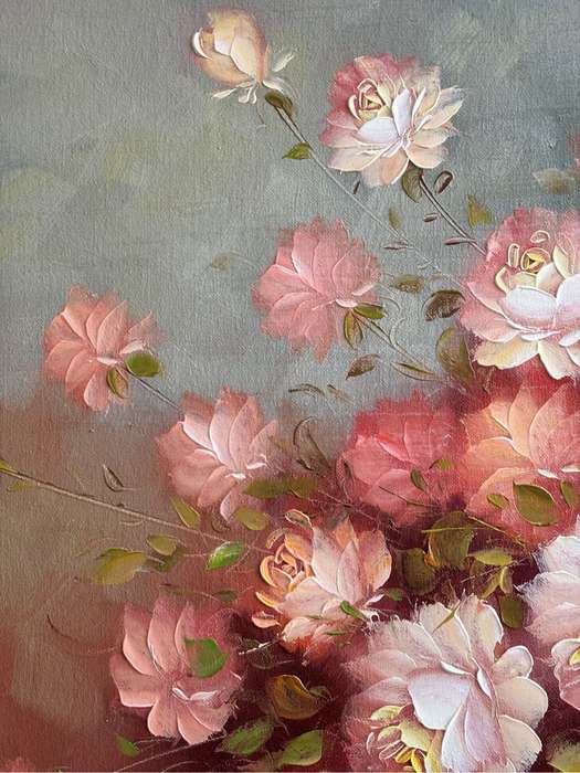 Robert Cox Original Oil on Board Pink white Flowers in vase 70cm x 100cm with Frame