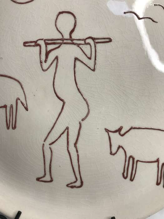 African Pottery Ceramic Large Art Plate Shepherd Sheep Birds