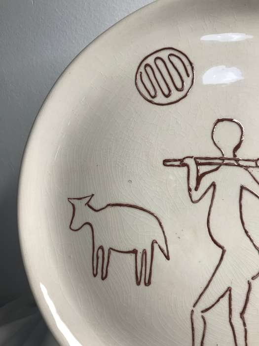 African Pottery Ceramic Large Art Plate Shepherd Sheep Birds