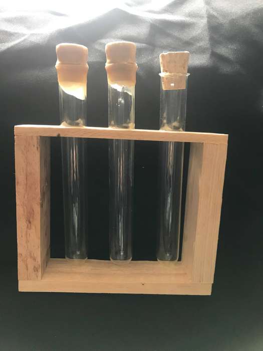 Test Tube Holder : 3-Hole Wood Block with 3 Pyrex Glass tubes with corks lab test