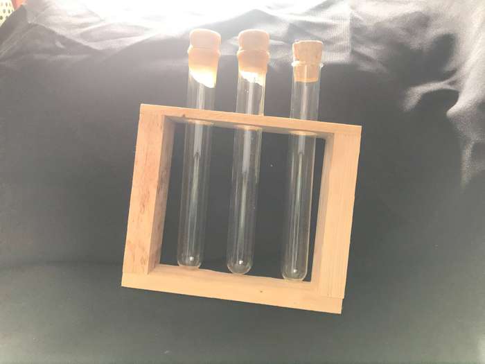 Test Tube Holder : 3-Hole Wood Block with 3 Pyrex Glass tubes with corks lab test