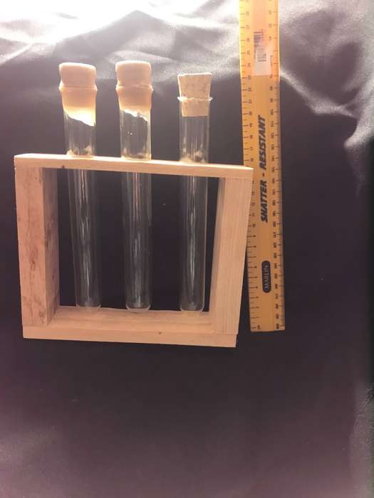 Test Tube Holder : 3-Hole Wood Block with 3 Pyrex Glass tubes with corks lab test