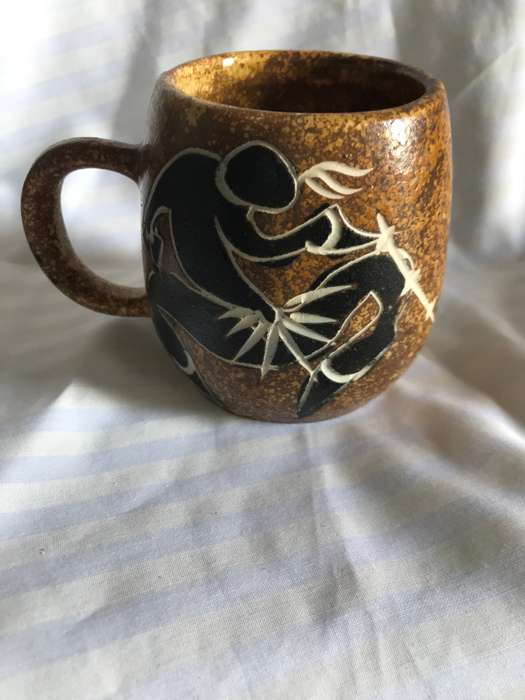 South African Crescent Pottery Mug Hand Painted Cup Ethnic Tribal Life