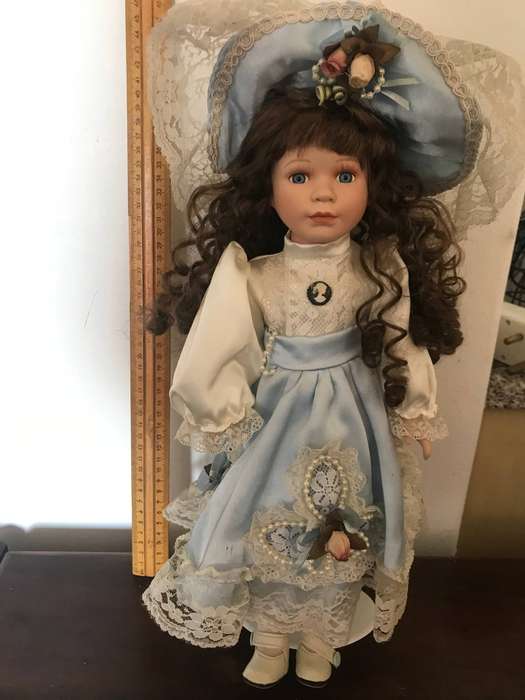 Vintage porcelain doll , luxury silk dress with hat on stand 40cm tall
