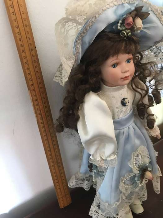 Vintage porcelain doll , luxury silk dress with hat on stand 40cm tall