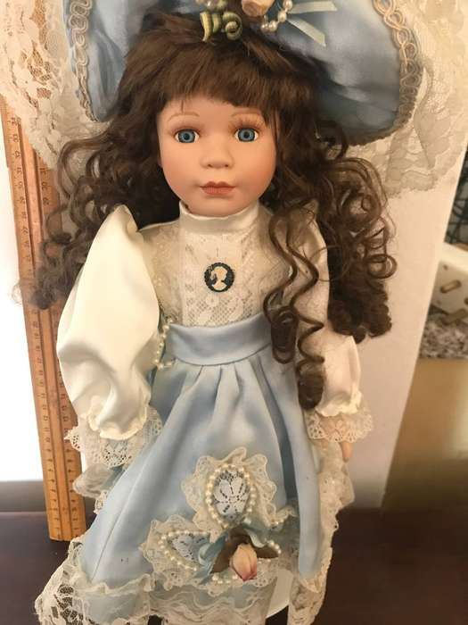 Vintage porcelain doll , luxury silk dress with hat on stand 40cm tall