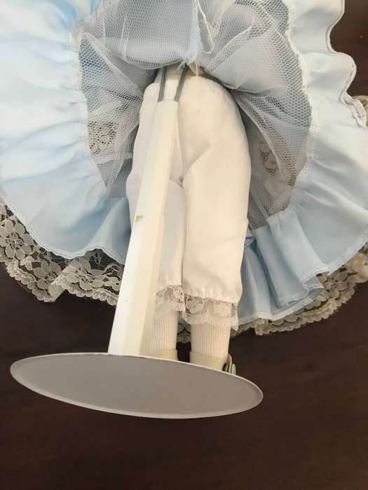 Vintage porcelain doll , luxury silk dress with hat on stand 40cm tall
