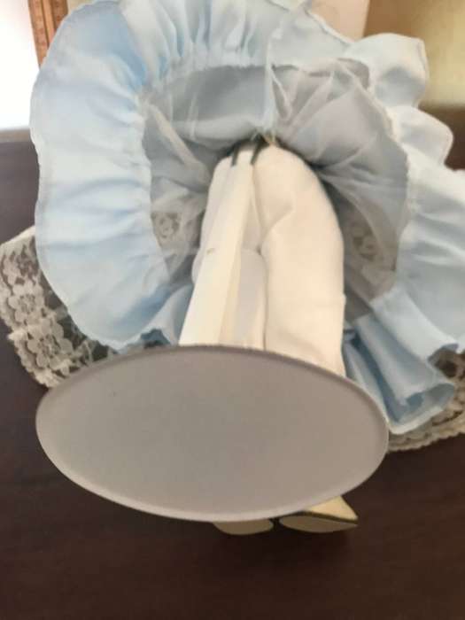 Vintage porcelain doll , luxury silk dress with hat on stand 40cm tall