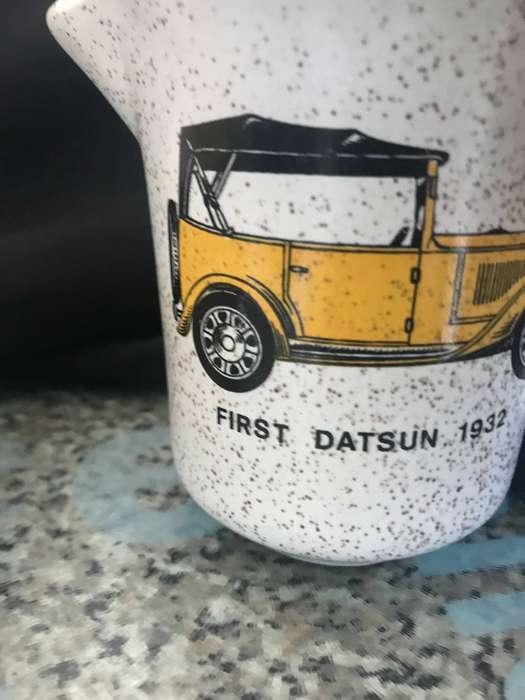 Vintage First Datsun 1932 Classic Car Coffee Mugs x 6 and Sugar and Milk Jug stoneware