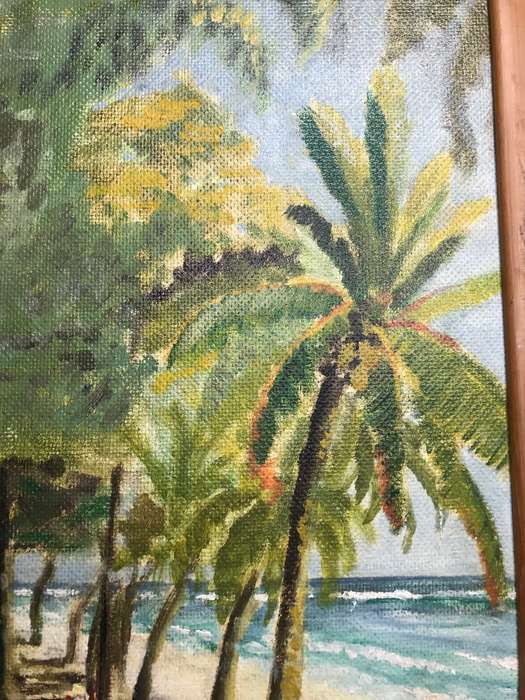 Oil on Board Painting Beachfront Trees Palm Houses Boat mid century frame 66cm x 51cm signed