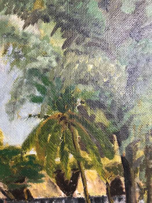 Oil on Board Painting Beachfront Trees Palm Houses Boat mid century frame 66cm x 51cm signed