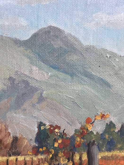 Oil Painting on Board Vineyard Man Mountain Sky Landscape frame 68cm x 59cm MID 20th Century