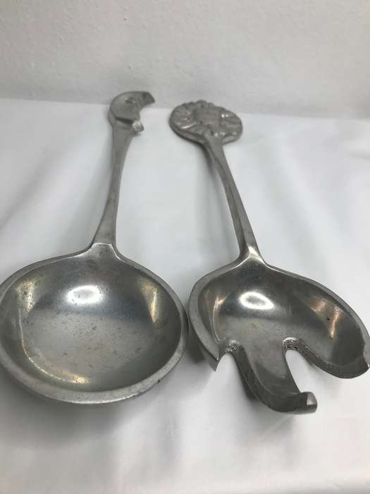 Pewter Sun and Moon Spoon and Fork Vintage Salad Servers 29cm