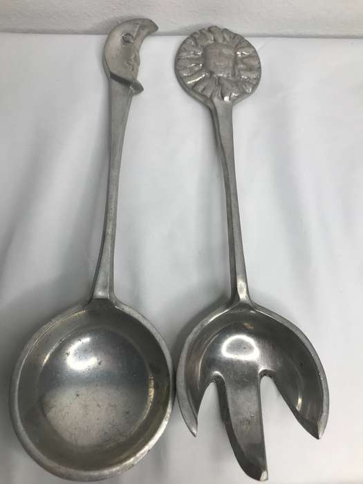 Pewter Sun and Moon Spoon and Fork Vintage Salad Servers 29cm