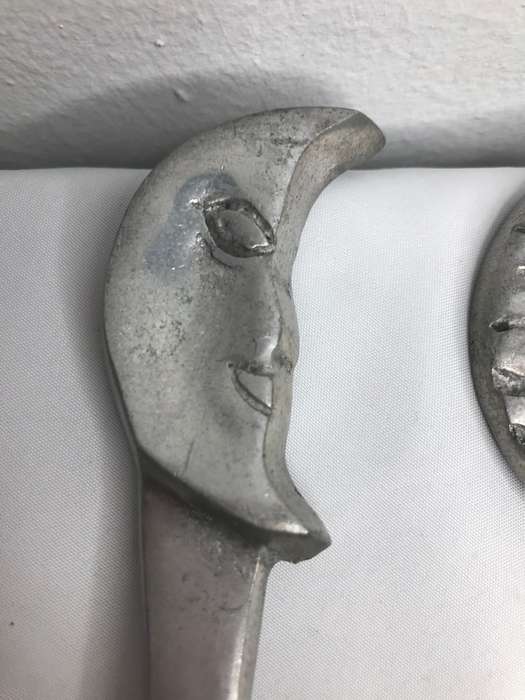 Pewter Sun and Moon Spoon and Fork Vintage Salad Servers 29cm