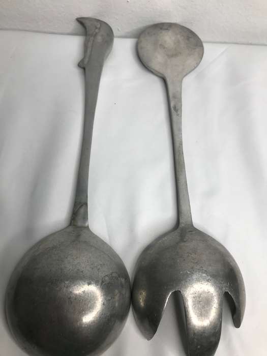 Pewter Sun and Moon Spoon and Fork Vintage Salad Servers 29cm