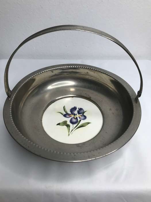 Silver Vintage Bowl with Ceramic Porcelain Centre Painted Art Deco Mid Century marked 1311