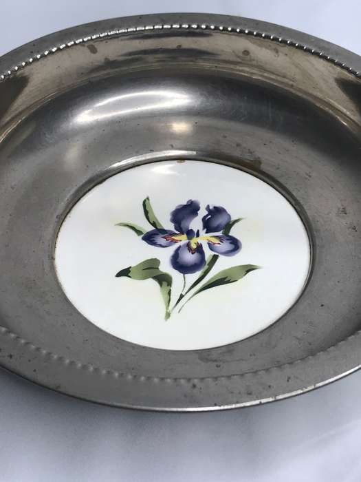 Silver Vintage Bowl with Ceramic Porcelain Centre Painted Art Deco Mid Century marked 1311