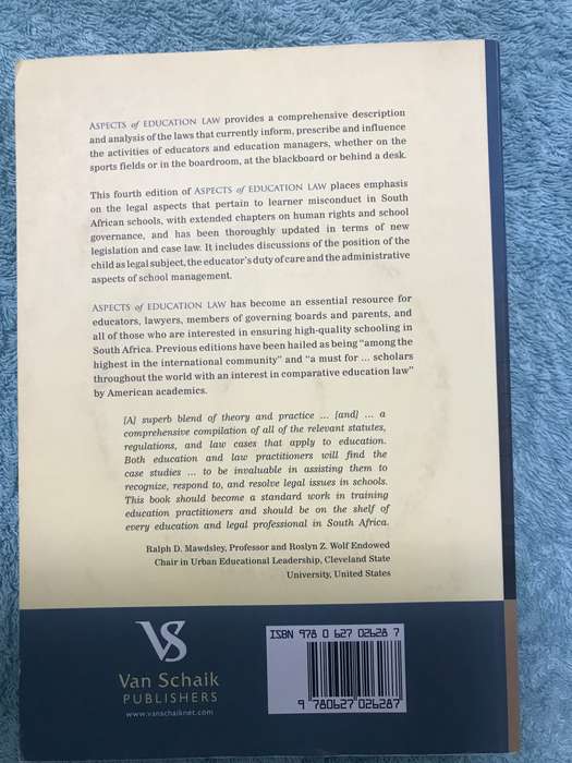 Aspects of education law Author/s: Oosthuizen IJ, Smit MH 4th edition