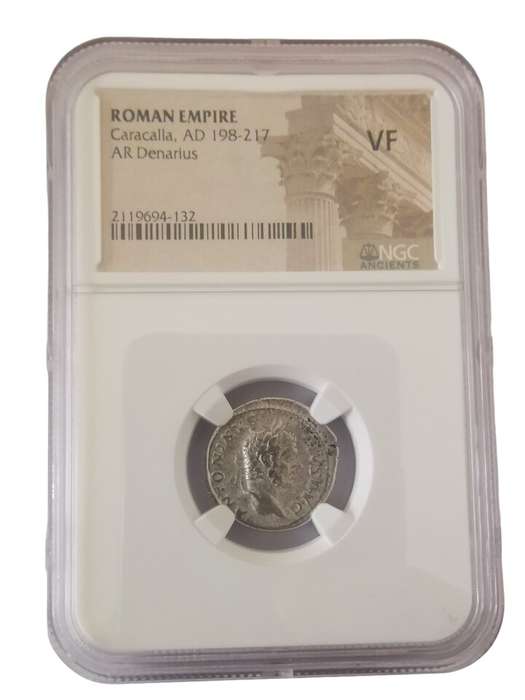 Ancient Coin Roman Empire AR Denarius Caracalla, Year AD 198-217 NGC Graded