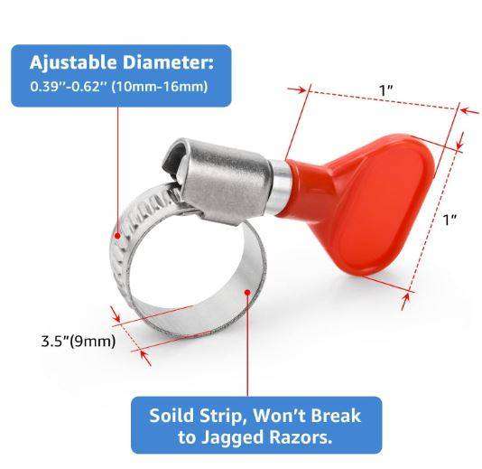 10 Pack Adjustable Stainless Steel Hose Clamp with Red Butterfly Key