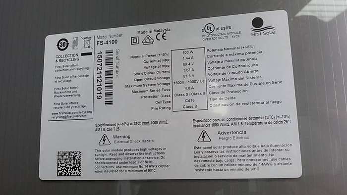 100W First Solar Panel - 3 Months old - Like New!