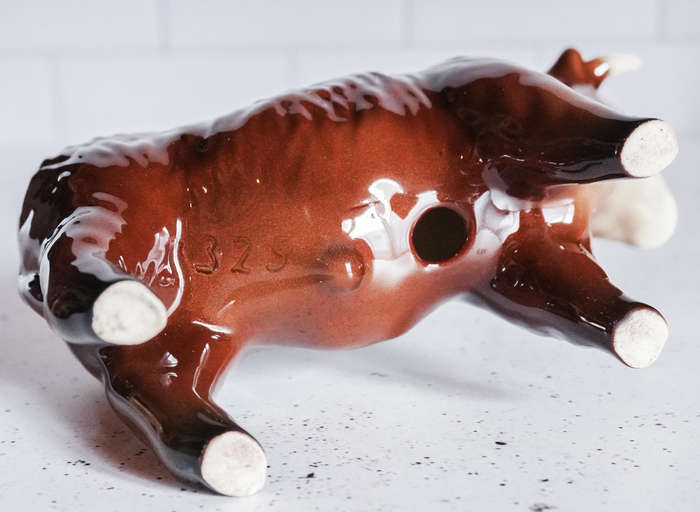 Vintage Porcelain Bull Figurine  Glossy Brown & Cream  Marked "325" & "P"
