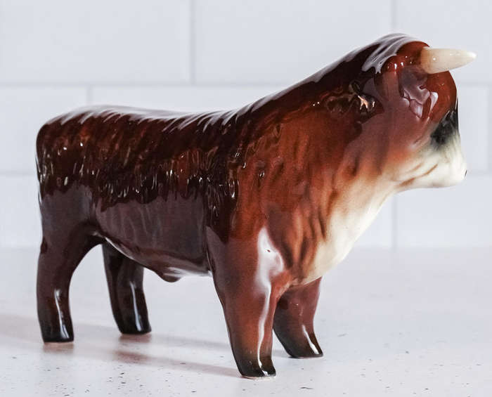 Vintage Porcelain Bull Figurine  Glossy Brown & Cream  Marked "325" & "P"