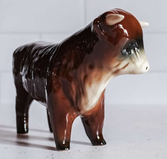 Vintage Porcelain Bull Figurine  Glossy Brown & Cream  Marked "325" & "P"
