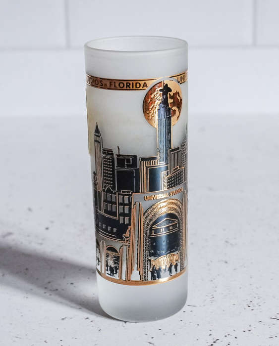 Vintage Universal Studios Florida Frosted Glass Tumbler with 22K Gold Detailing  Rare Collectible